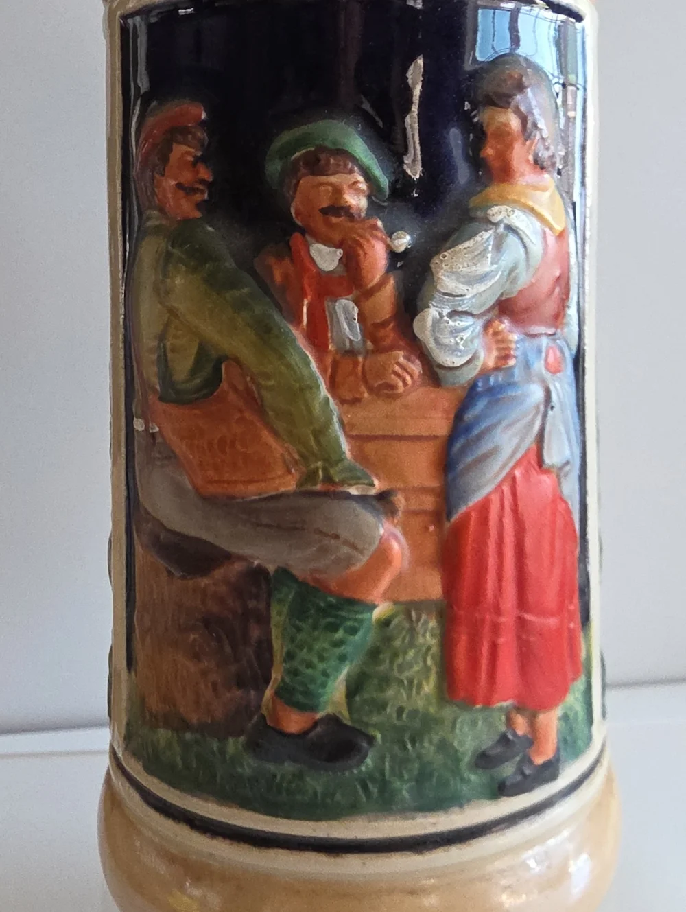 Vintage Original Gerz German Beer Stein w/ Pewter Lid -Cobalt Blue Tavern Scene